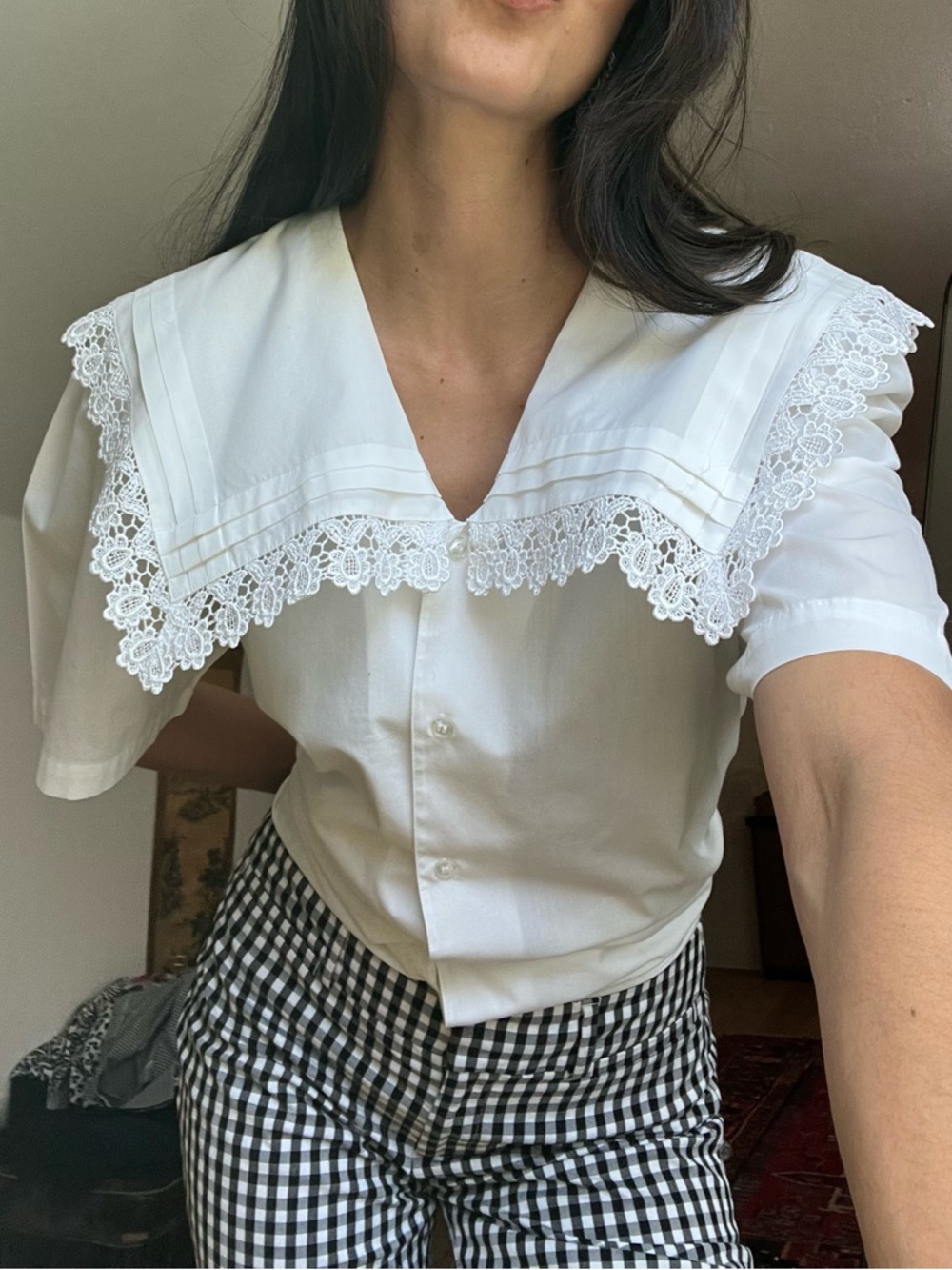 Classic White Lace-Trim V-Neck Women’s Blouse